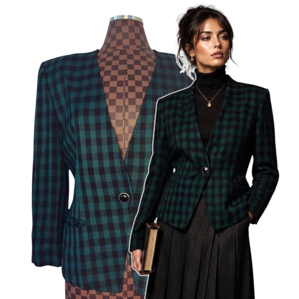 Vintage Saville Green Buffalo Check Plaid Blazer Womens Size 10 Preppy Gingham